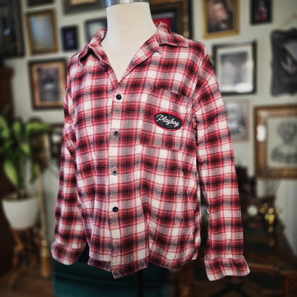 Playboy by Pacsun Flannel Shirt Red Plaid Bunny Logo Cotton Button Down Medium